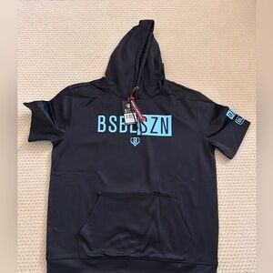 Baseball Lifestyle Short Sleeve Hoodie Black with Blue Lettering